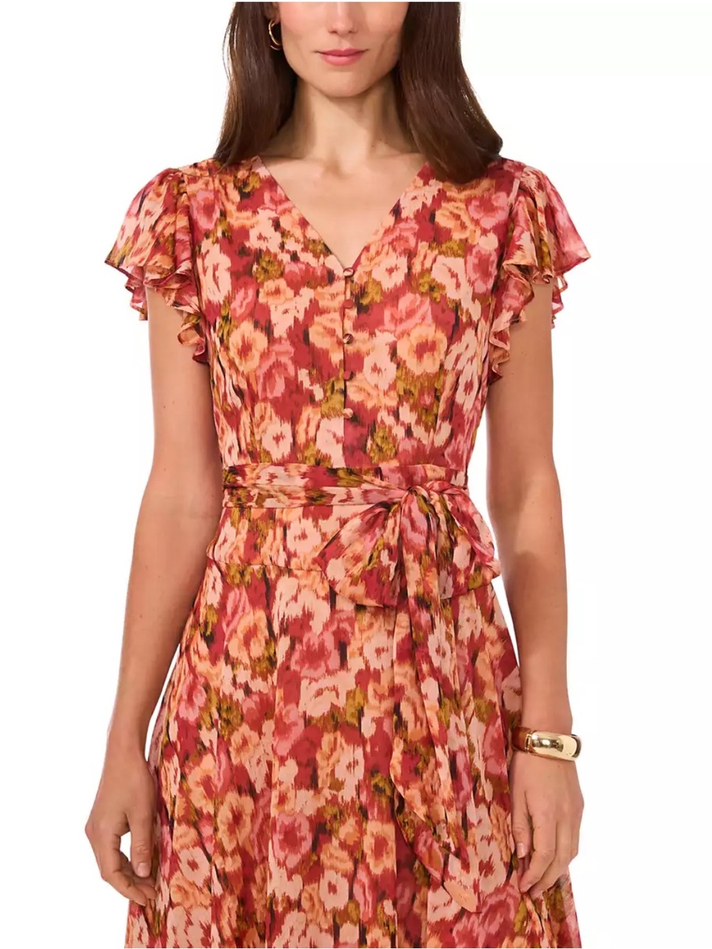 Vince Camuto Rose Multi Floral Midi Dress with Tie Waist